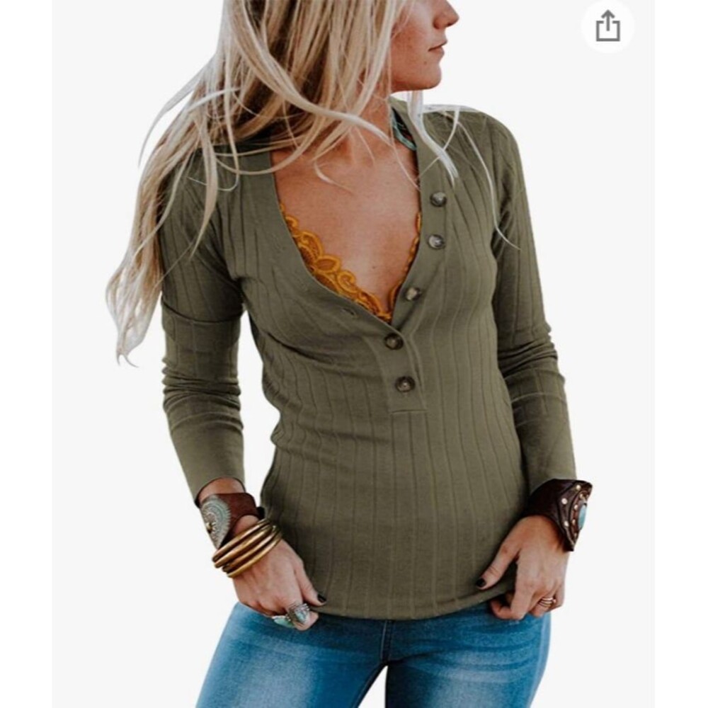 Merokeety Ribbed V-neck Long Sleeve Sweater size S dark green ¼ button up